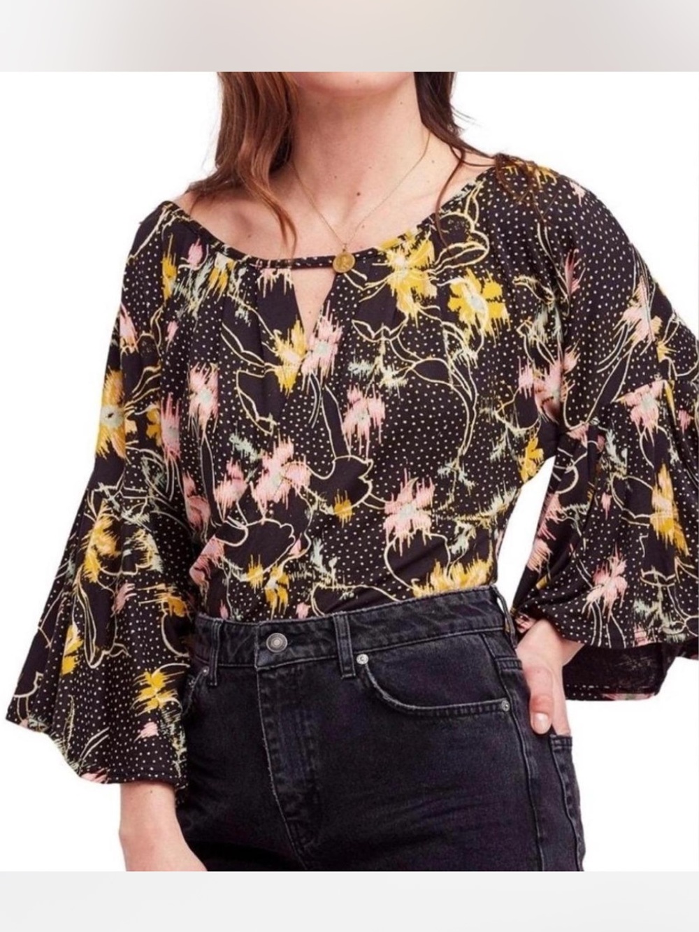 Black Floral wide neck bell sleeve Top with Pink & Yellow Accents